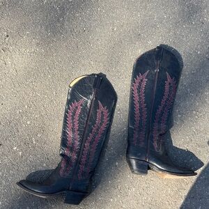 Larry Mahan Black Leather Western Boots with Red Stitching